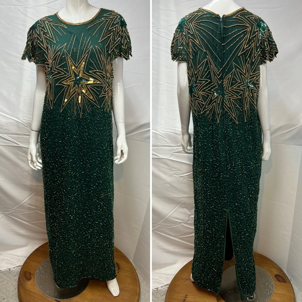 Vintage Green Silk Cap Sleeve Gold Sequins Beaded Long Gown 2X Dress Gown - Picture 4 of 7